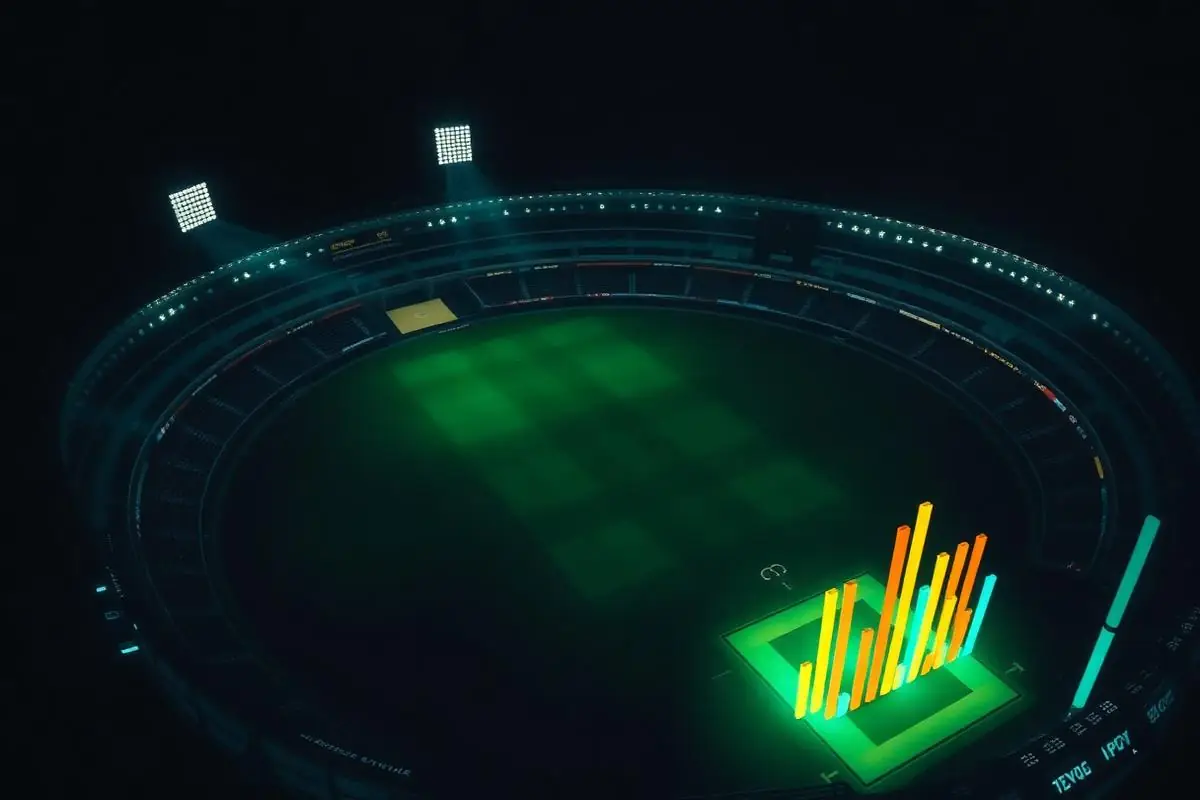 Floodlit cricket stadium with live odds chart representing the 11xPlay betting exchange